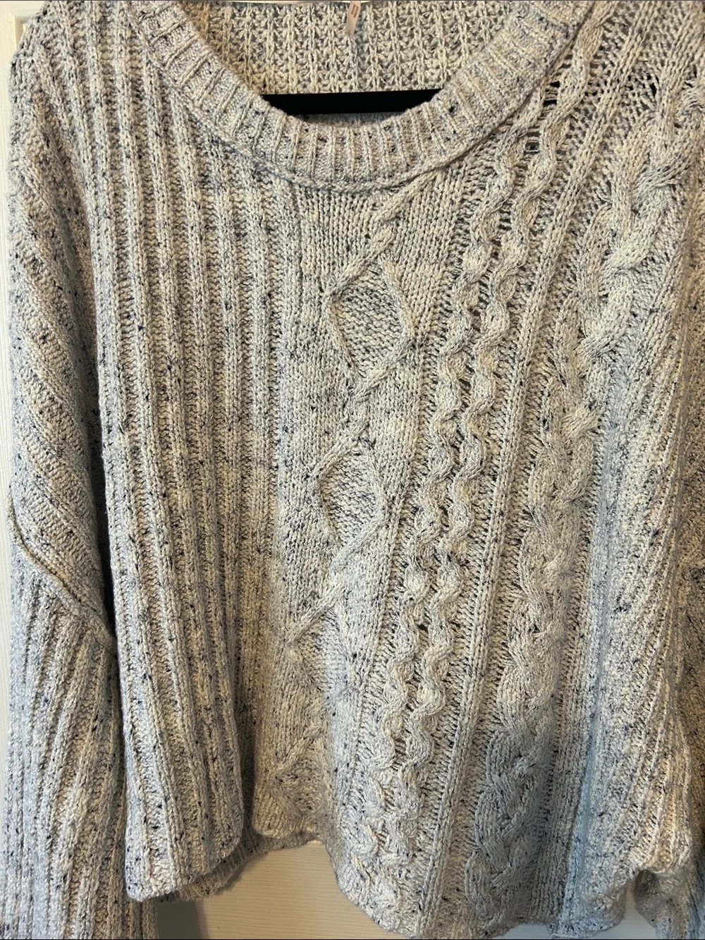Free People Marled Light Gray Cable Knit Crewneck Sweater